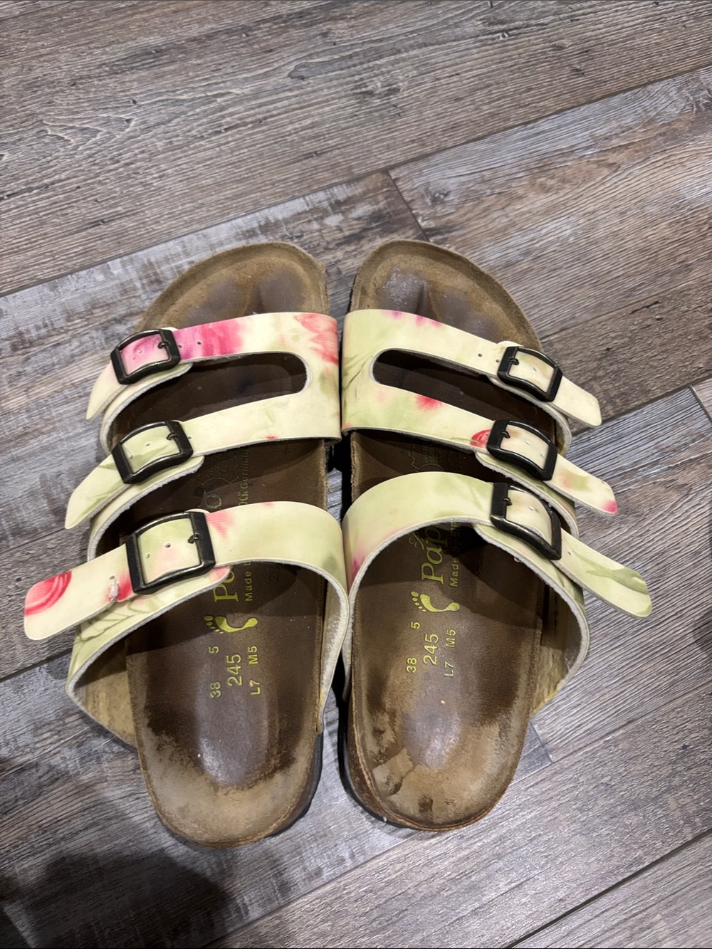 Birkenstock Women’s Triple-Strap Floral Sandals in Yellow and Pink